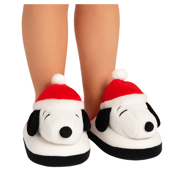 Peanuts Snoopy 3D Christmas Scuff Slippers Kids 2/3 Plush Santa Slip-Ons New - Picture 1 of 16